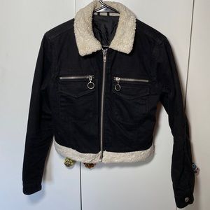 Top shop black denim shearling jacket